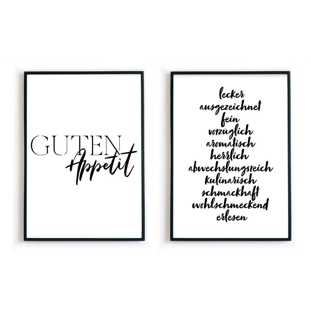 Guten Appetit und lecker Küchen Poster Set. 2 Spruch Bilder in schwarz weiß. Bilder in schwarzen Bilderrahmen.