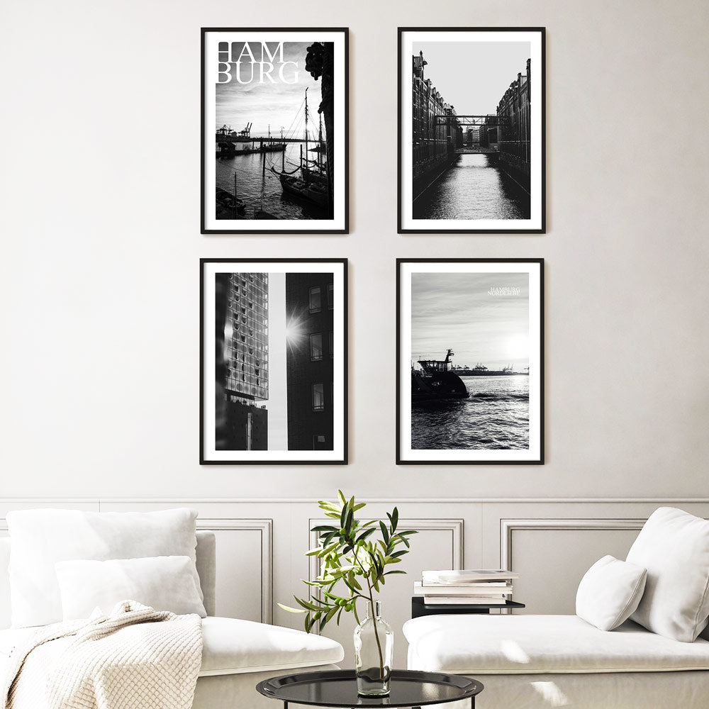 Hamburg Poster Set in schwarz weiß als fertige Bilderwand. Wanddeko mit Fotografien aus der Hafenstadt.