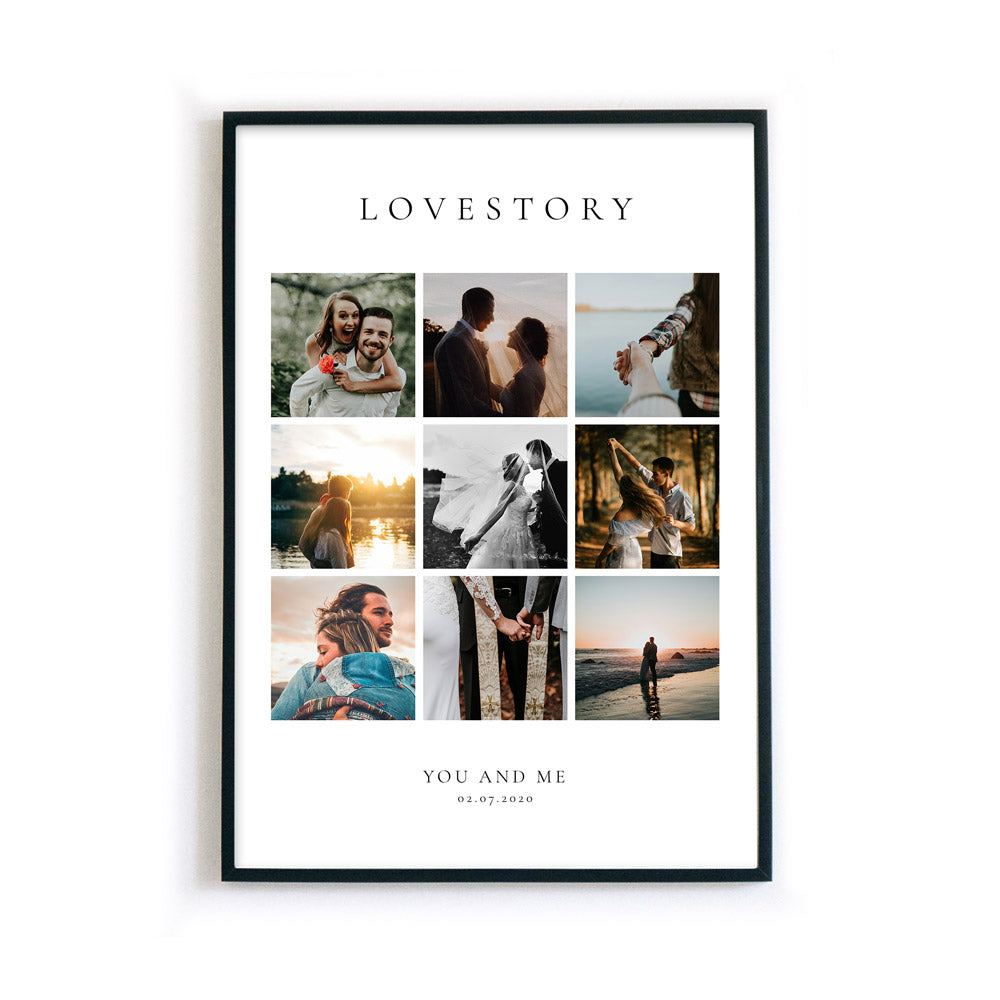 Lovestory Hochzeitsgeschenk Poster mit eigenen Fotos als Collage. Geschenk zur Hochzeit, Jahrestag, Geburtstag oder Valentinstag. Bild im Bilderrahmen.