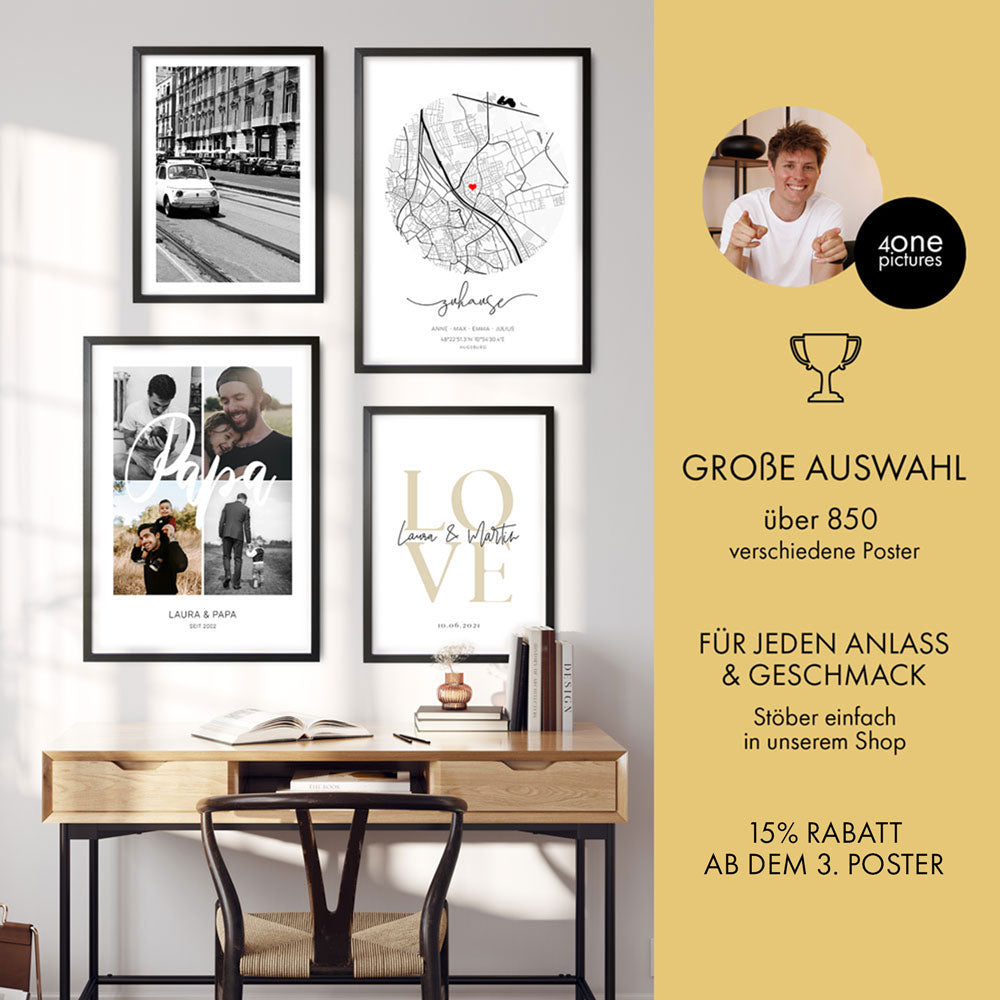 Informationen zur großen Auswahl an verschiedenen Poster im 4one Pictures Poster Shop und 15% Rabatt ab dem 3. Artikel. 4 Beispiel Poster an der Wand in schwarzen Bilderrahmen.