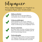 Aufzählung wieso mattes Fotopapier bei Postern besser ist anstatt hochglanz Papier.
