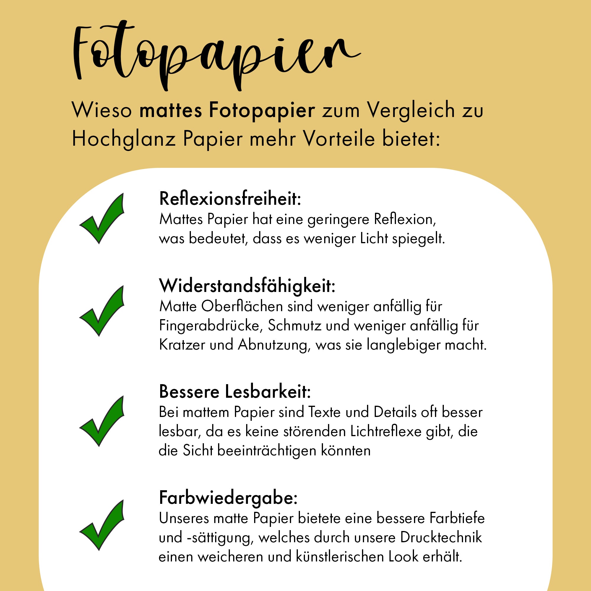 Aufzählung wieso mattes Fotopapier bei Postern besser ist anstatt hochglanz Papier.