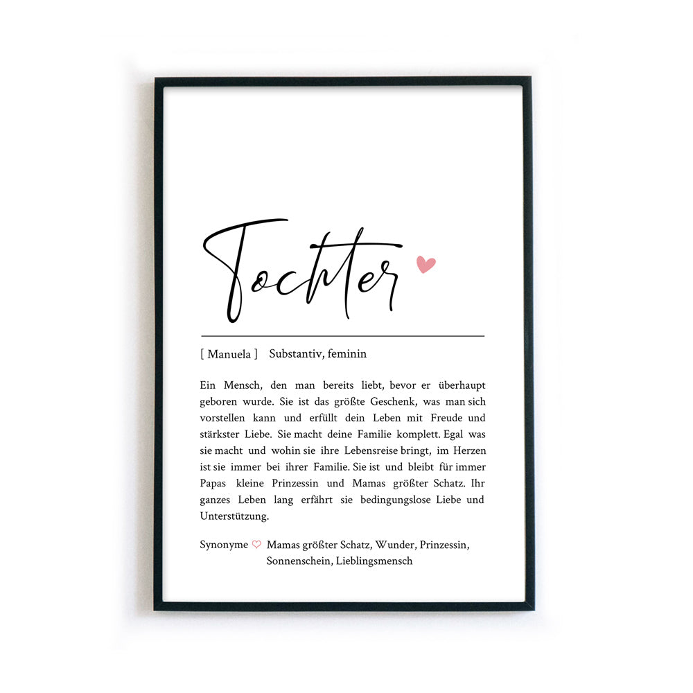 Tochter Definition Poster mit personalisierten Namen und Synonymen. Liebevoller Text was eine Tochter ausmacht. Bild im Rahmen.
