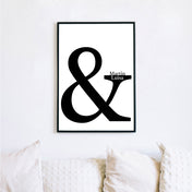 Großes & Zeichen mit zwei personalisierten Vornamen als Poster. Bild im schwarzen Bilderrahmen über dem Sofa an der Wand.