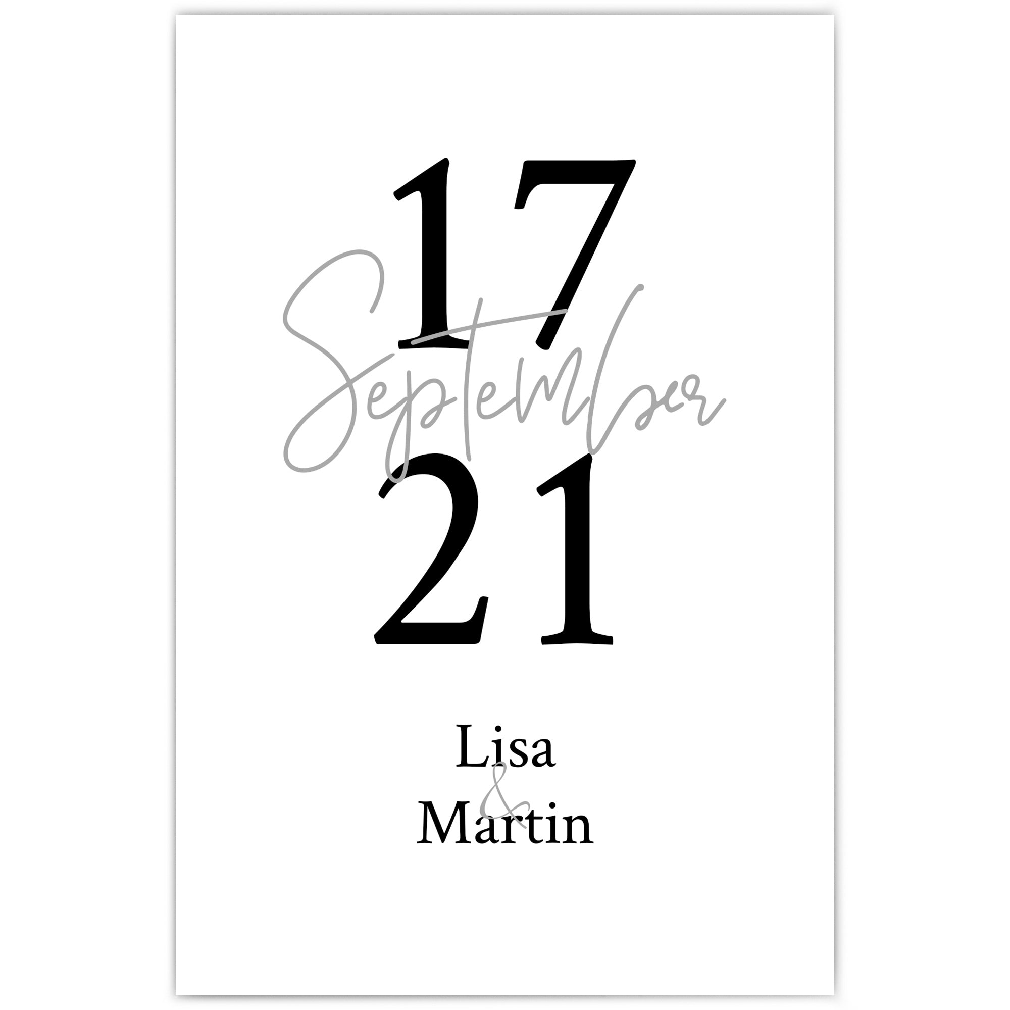 Personalisiertes Poster. Individueller Monat in grauer Schrift mittig, drum rum das Datum. Unten stehen die Vornamen.