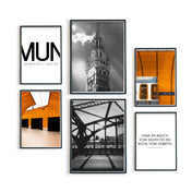 München Bilder 6er Set in schwarzen Bilderrahmen. Fotografien vom neuen Rathaus, der Hackerbrücke und der U-Bahm am Marienplatz