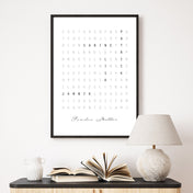 personalisiertes Familienposter im Kreuzworträtsel Design. Vornamen im Suchbild integriert mit Familiennamen darunter. Im Rahmen an der Wand.