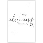 always Poster mit personalisierten Namen und Datum auf weißem Hintergrund mit schwarzen Tintenflecken..