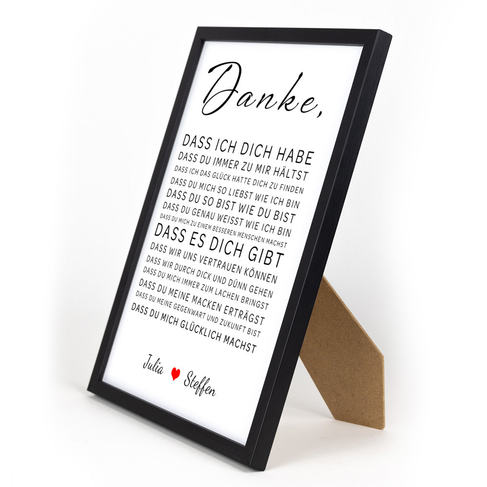 Personalisiertes Poster, Danke an einen geliebten Menschen sagen. Liebeserklärung mit individuellen Namen. Im schwarzen Din A4 Bilderrahmen mit Aufsteller.