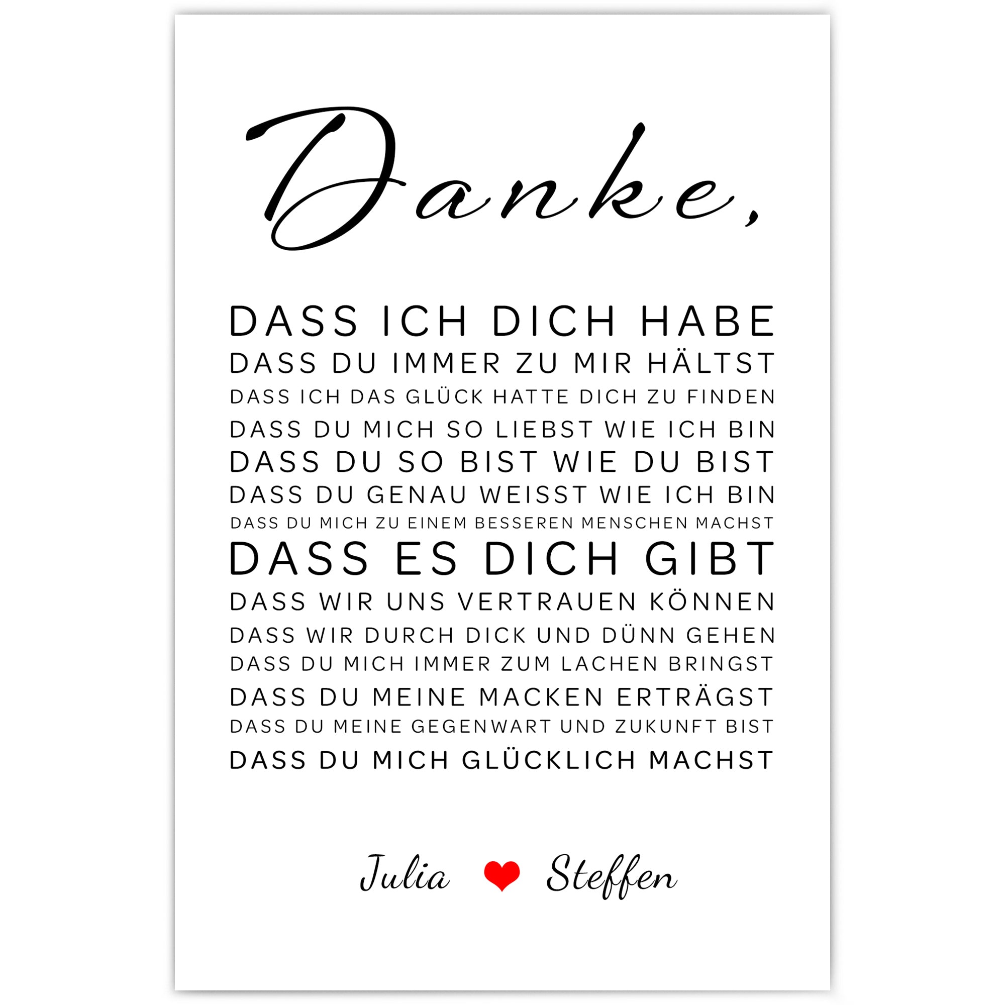 Personalisiertes Poster, Danke an einen geliebten Menschen sagen. Liebeserklärung mit individuellen Namen.