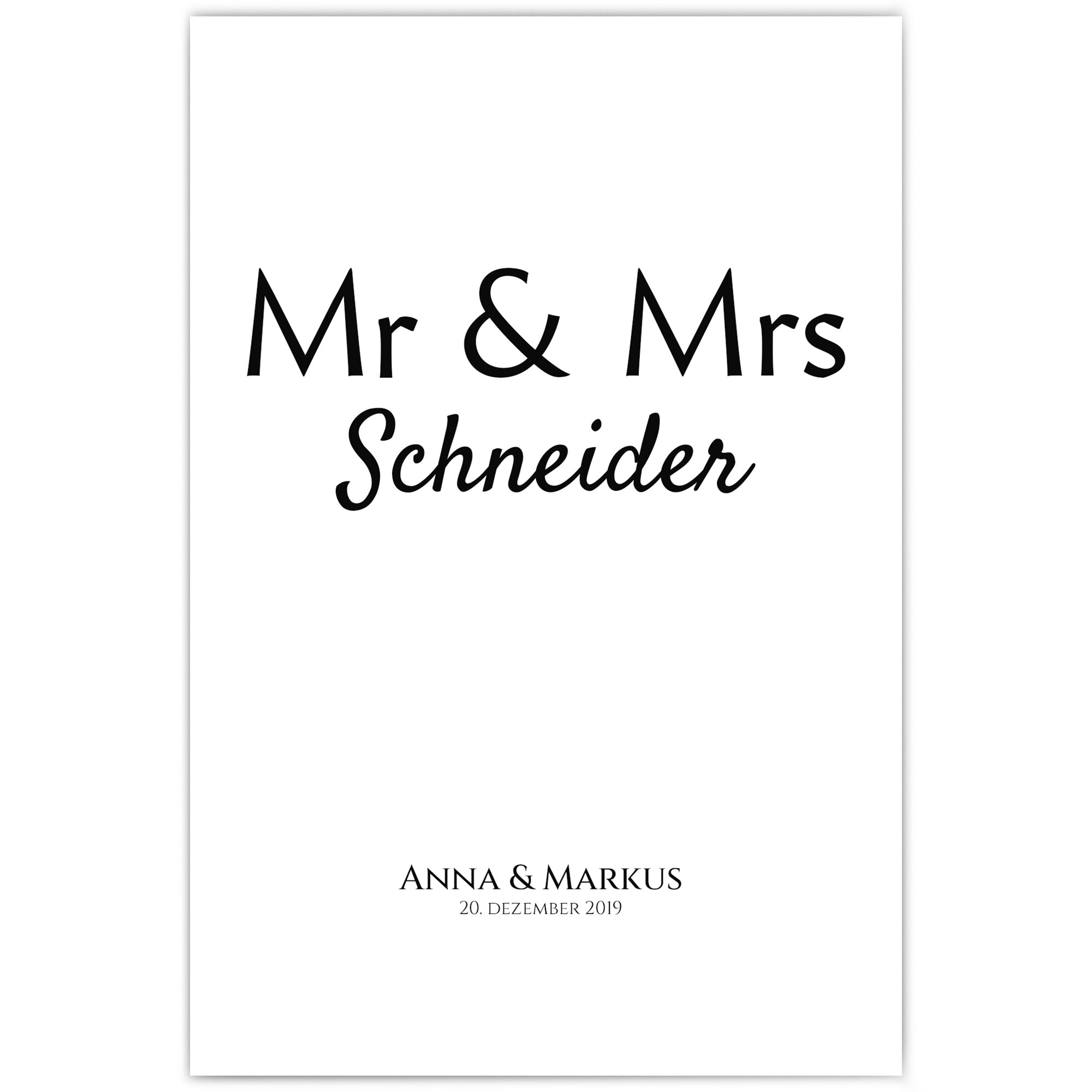 Mr & Mrs Poster Personalisiert mit individuellen Namen und Datum.