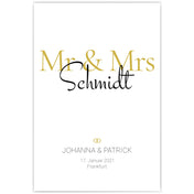 Mr & Mrs in Gold. Poster mit Personalisierten Nachnahmen, Vornamen, Ort und Datum.