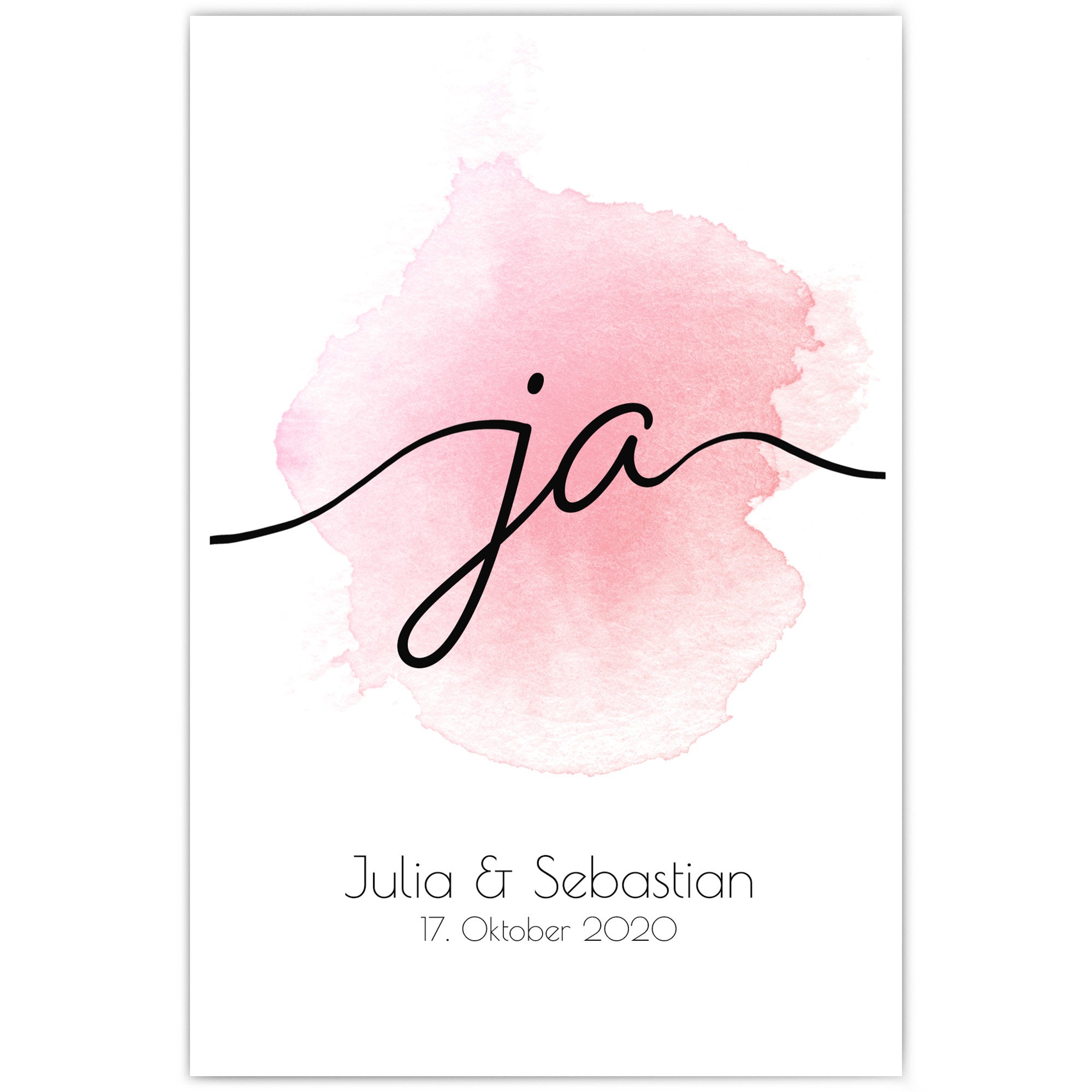 Ja Schriftzug, rosa Hintergrund auf weißem Grund. Unten personalisierte Vornamen & Datum.
