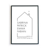 Personalisiertes Haus Familienposter mit individuellen Namen, Ort und Koordinaten. Gerahmt im schwarzen Bilderrahmen.