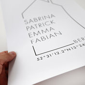 Personalisiertes Haus Familienposter mit individuellen Namen, Ort und Koordinaten. Detail Bild von einem Druck.