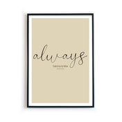 always Poster mit personalisierten Namen und Datum auf beigen Hintergrund. Bild im schwarzen Bilderrahmen.