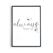 always Poster mit personalisierten Namen und Datum auf weißem Hintergrund mit schwarzen Tintenflecken. Bild im Rahmen.