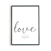 Personalisiertes love Poster mit individuellen Namen und Datum darunter. Bild im schwarzen Bilderrahmen.