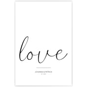 Personalisiertes love Poster mit individuellen Namen und Datum darunter.