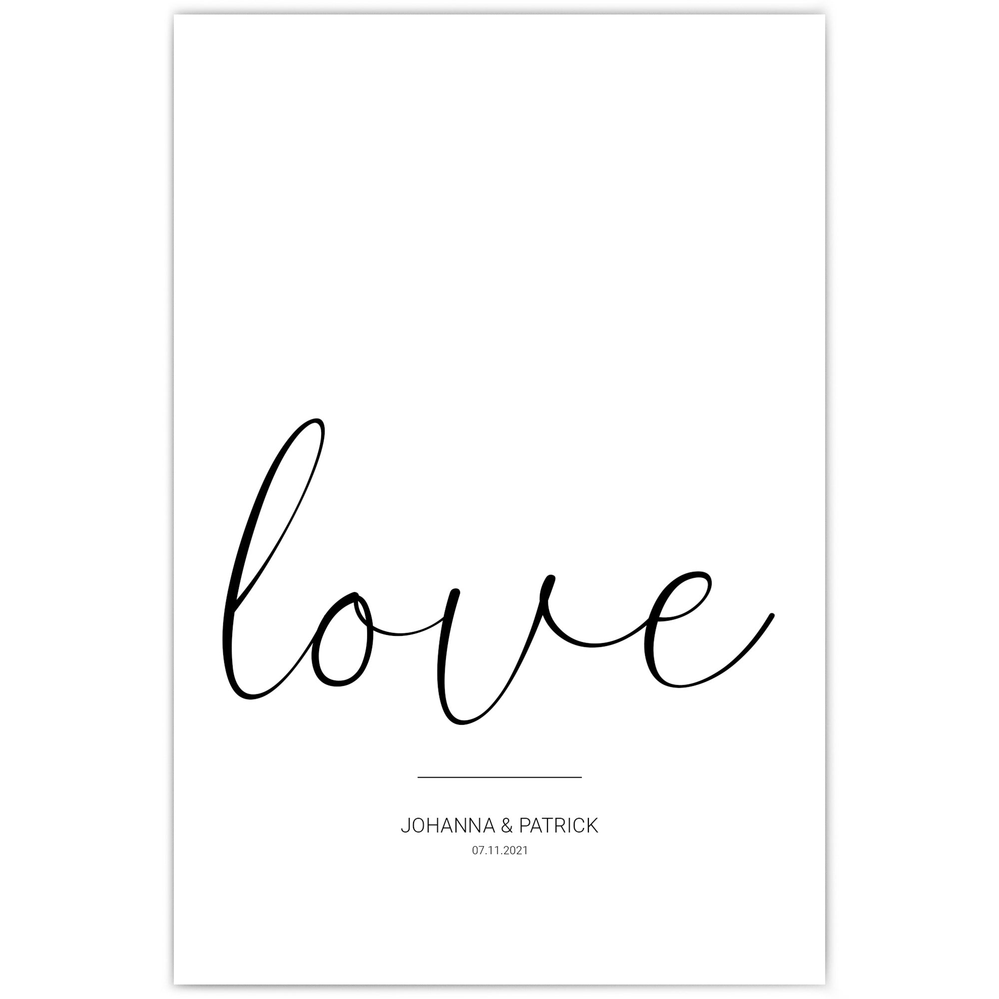 Personalisiertes love Poster mit individuellen Namen und Datum darunter.