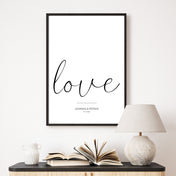 Personalisiertes love Poster mit individuellen Namen und Datum darunter. Bild an der Wand im schwarzen Bilderrahmen über einer Kommode.