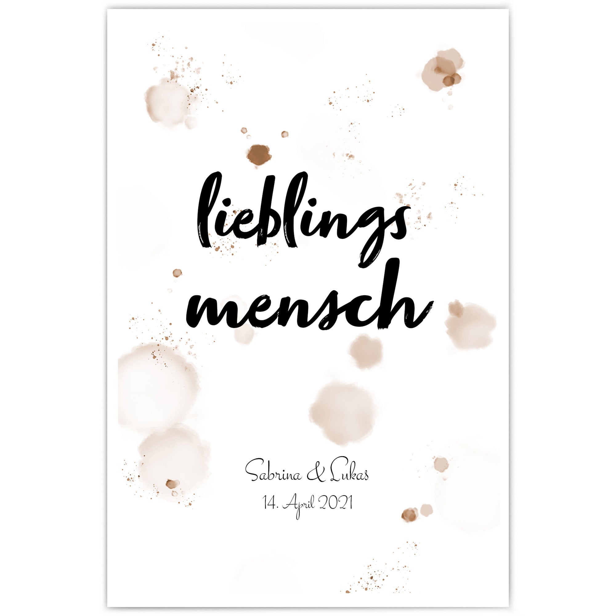 lieblingsmensch Poster mit farb-Spritzern im Hintergrund. Personalisierte Namen und Datum unten im Bild.