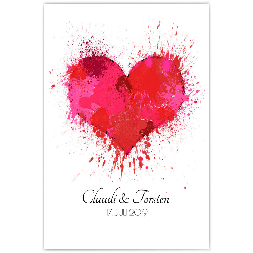 Rotes Herz Poster mit personalisierten Namen und Datum darunter.