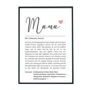 Definition Mama Poster mit netten Worten was eine Mutter ausmacht. Unten verschiedene Synonyme. Bild im schwarzen Bilderrahmen.