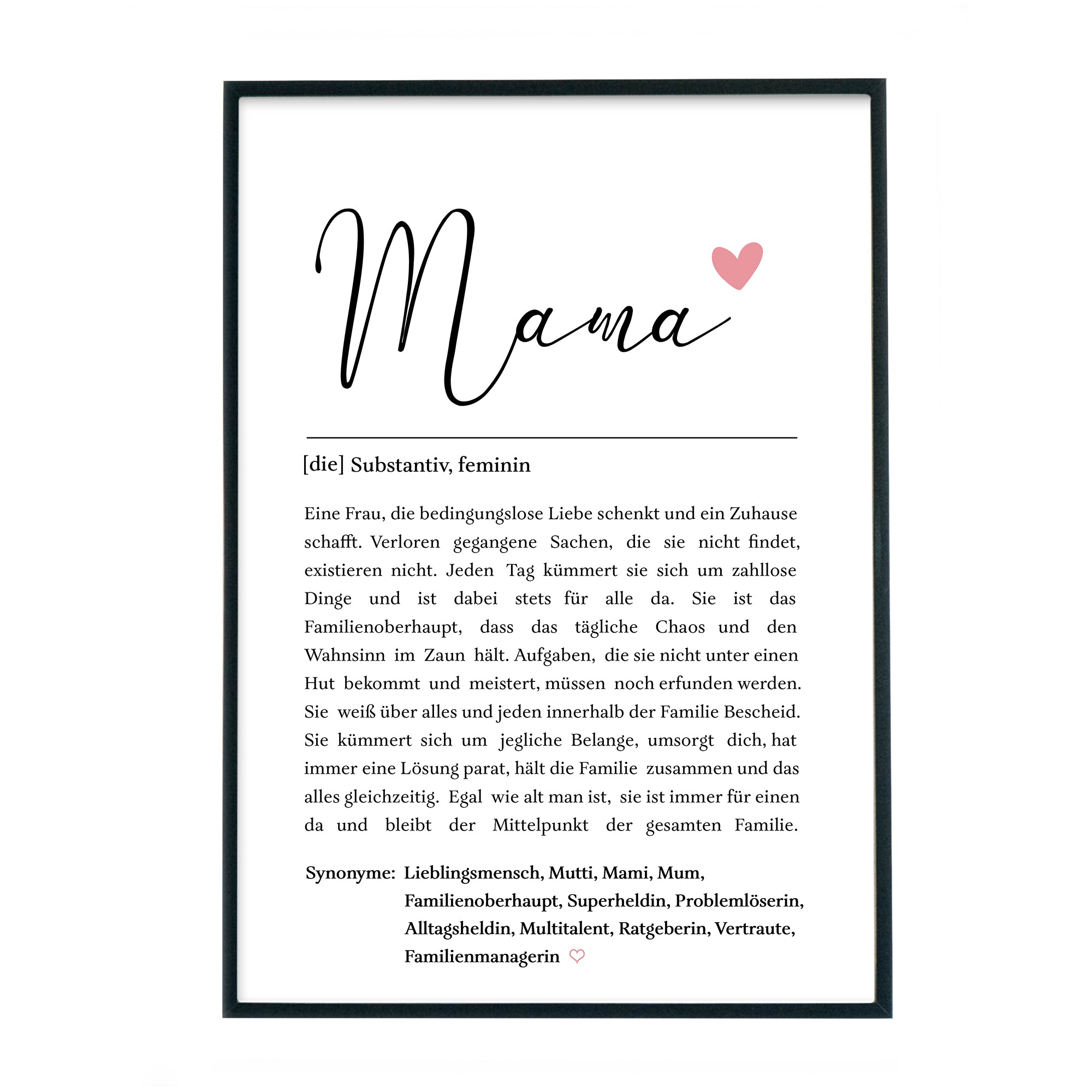 Definition Mama Poster mit netten Worten was eine Mutter ausmacht. Unten verschiedene Synonyme. Bild im schwarzen Bilderrahmen.
