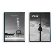 2er Poster Set in schwarz Weiß vom Berliner Fernsehturm und der Siegessäule. Poster in schwarzen Bilderrahmen.