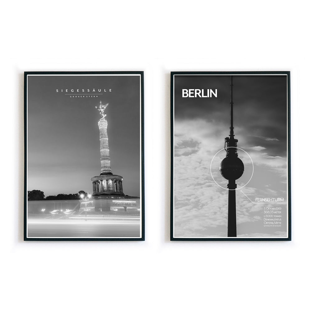 2er Poster Set in schwarz Weiß vom Berliner Fernsehturm und der Siegessäule. Poster in schwarzen Bilderrahmen.