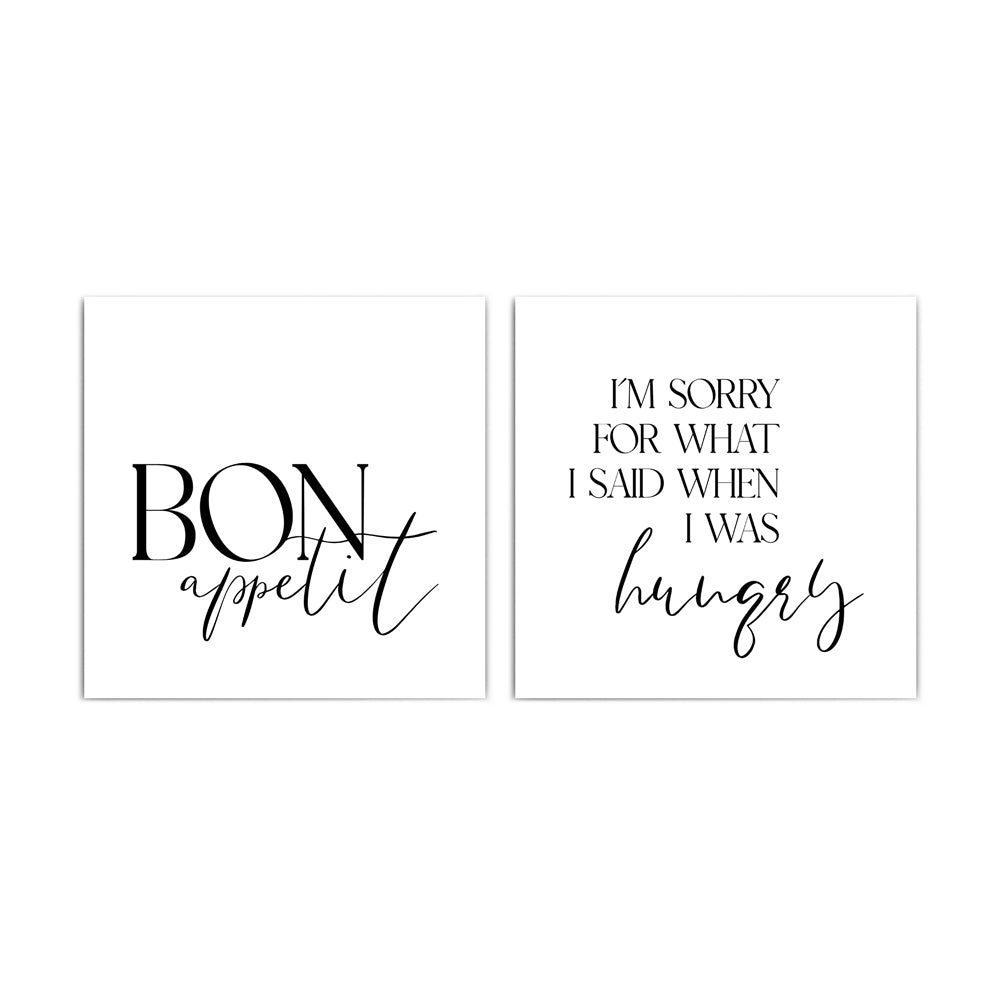 2er Küchenposter Set. Spruch Bilder von Appetit und sorry hungry. Poster im quadratischen Format.