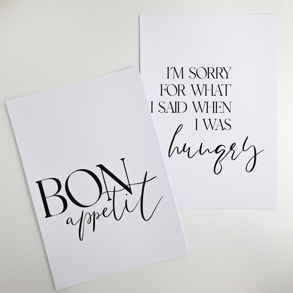 2er Küchenposter Set. Spruch Bilder von Appetit und sorry hungry. Druckbeispiel.