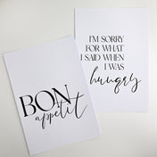 2er Küchenposter Set. Spruch Bilder von Appetit und sorry hungry. Druckbeispiel.