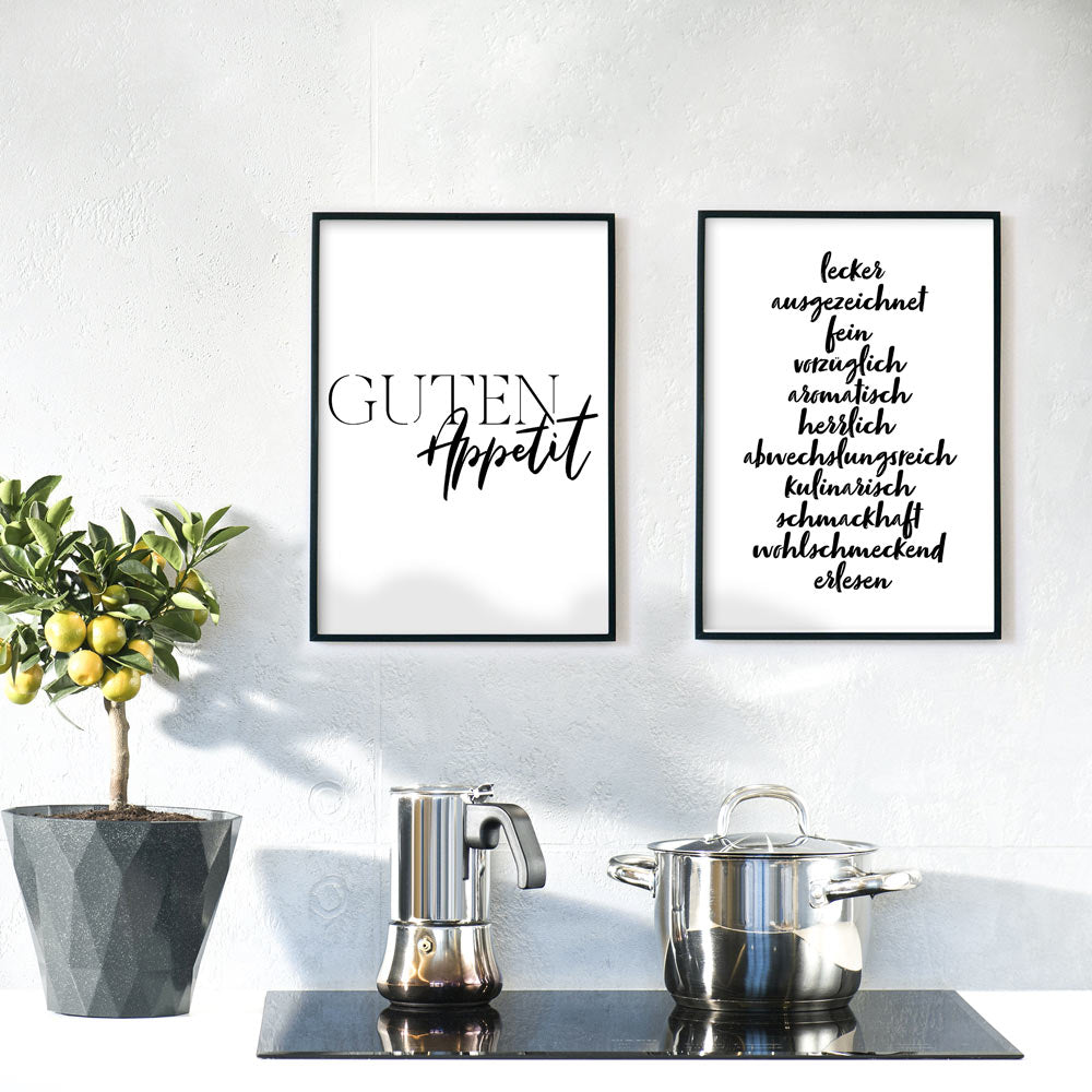 Guten Appetit und lecker Küchen Poster Set. 2 Spruch Bilder in schwarz weiß. Bilder in Rahmen über den Herd.