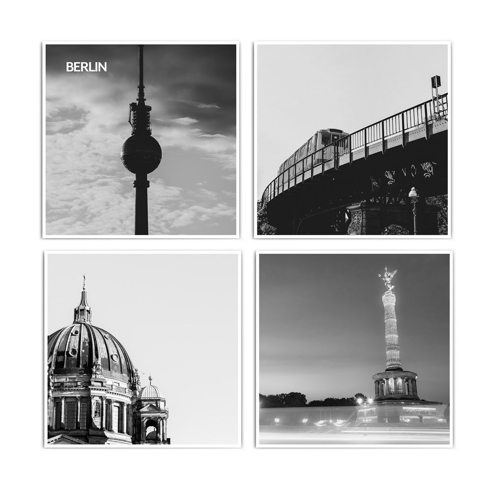 4er Berlin Poster Set in schwarz Weiß vom Fernsehturm, Berliner Dom, Siegessäule und einer BVG U-Bahn. Poster im quadratischen Format.