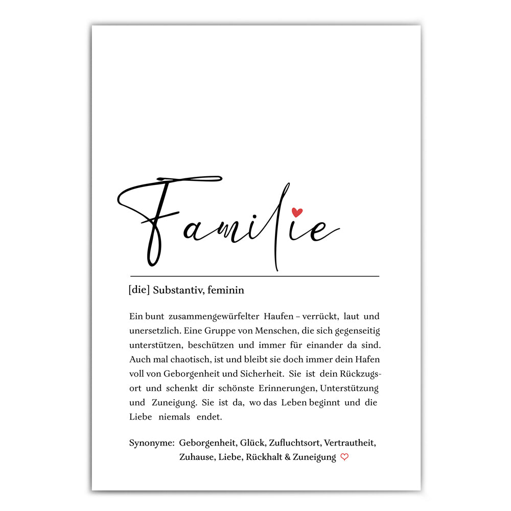 Definition Familie Poster mit netten Worten was eine Familie ausmacht. Unten verschiedene Synonyme.