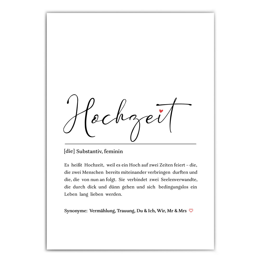 Definition Hochzeit Poster mit netten Worten was eine Hochzeit ausmacht. Unten verschiedene Synonyme.