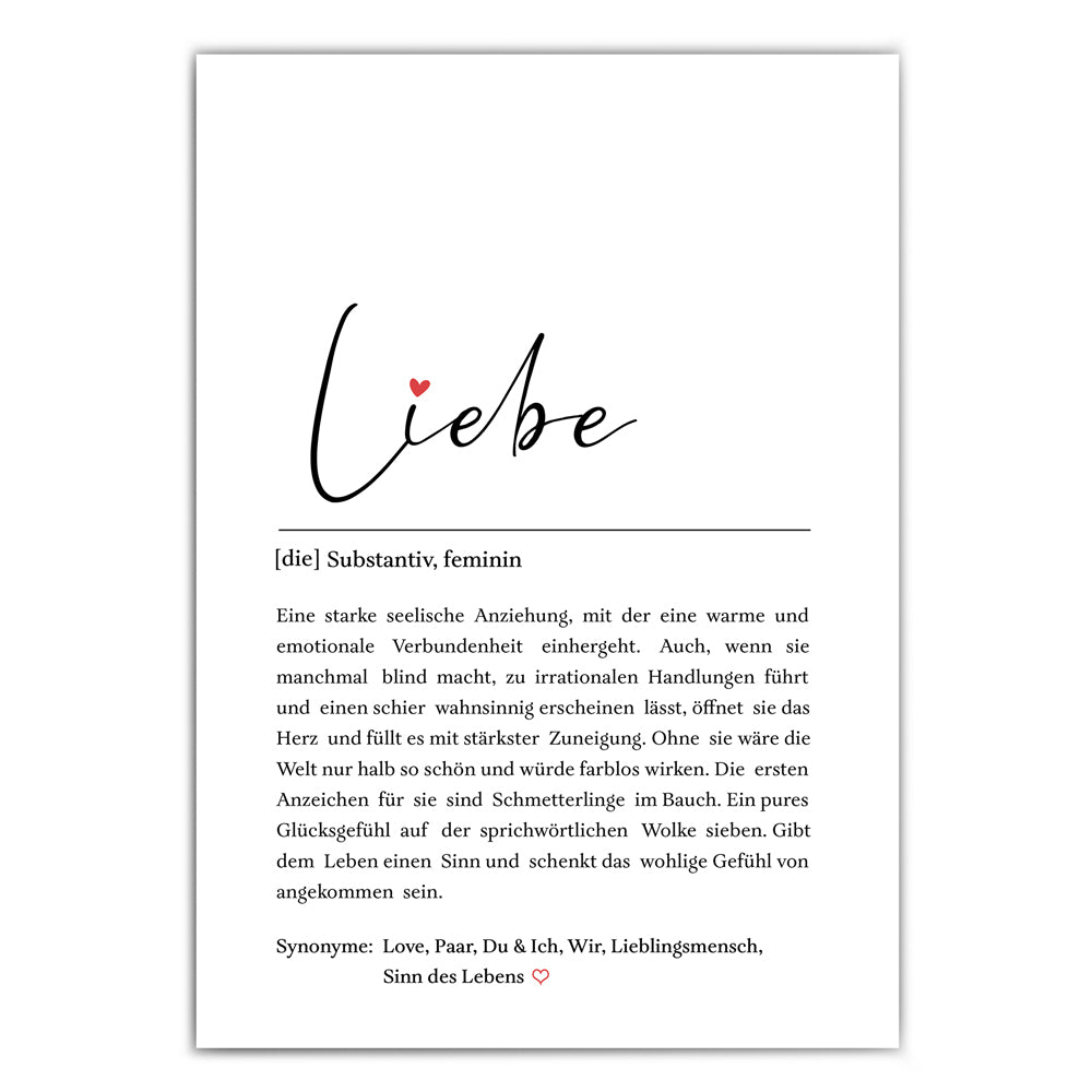 Definition Liebe  Poster mit netten Worten was liebe ausmacht. Unten verschiedene Synonyme.