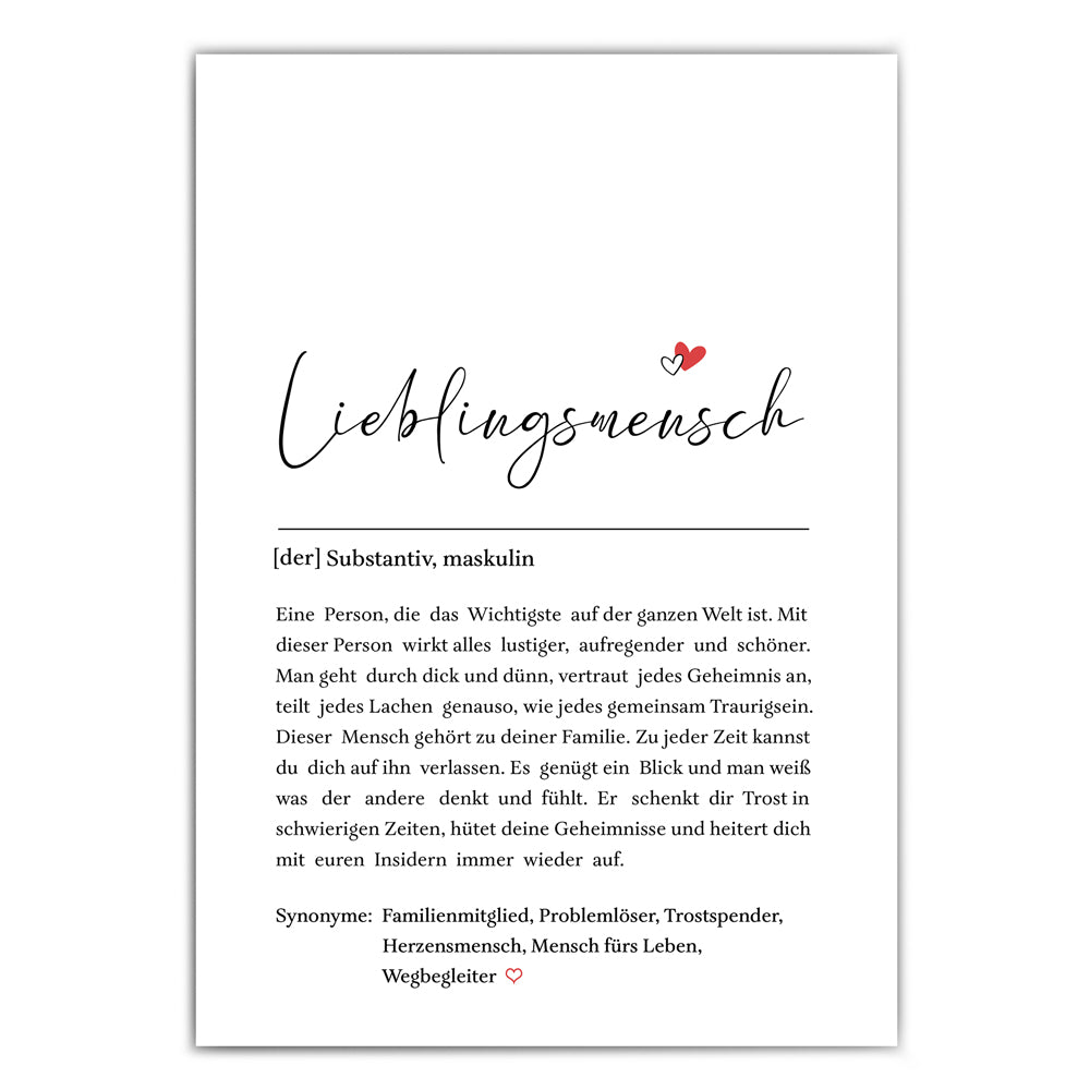 Lieblingsmensch  Definition Poster mit netten Worten was einen Lieblingsmenschen ausmacht. Unten verschiedene Synonyme.