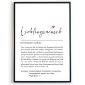 Lieblingsmensch  Definition Poster mit netten Worten was einen Lieblingsmenschen ausmacht. Unten verschiedene Synonyme. Bild im Rahmen.