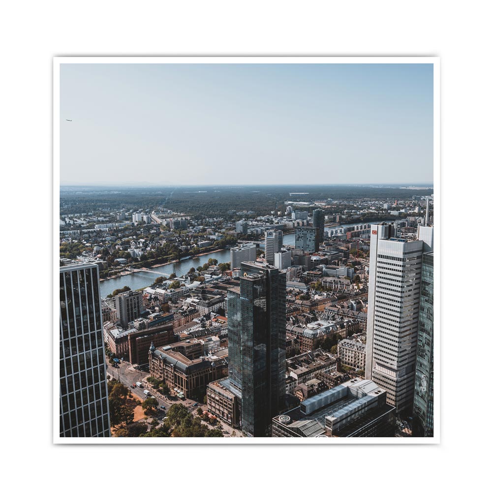 Querformat Frankfurt Poster im Retro Look. Frankfurt von Oben, blick auf die Stadt vom Hochhaus.  Bild im quadratischen Format.