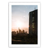 Frankfurt Poster der EZB zum Sonnenuntergang. Im Hintergrund die Frankfurt Skyline. Bild mit weißen umlaufenden Rand.