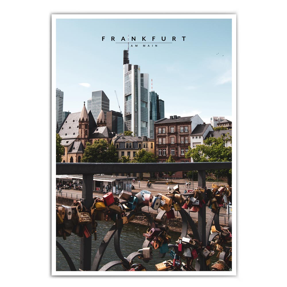 Frankfurt Poster im retro look der Frankfurter Skyline und im Vordergrund Liebesschlösser
