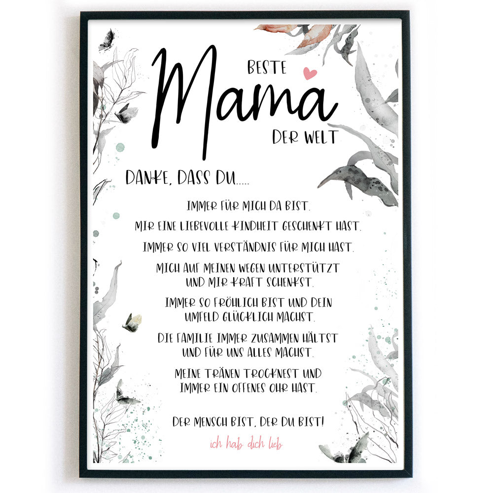 Beste Mama der Welt Poster, Danke mit netten Worten an die Mutter im Blumen Design. Bild im schwarzen Bilderrahmen.