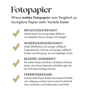Aufzählung wieso mattes Fotopapier bei Postern besser ist anstatt hochglanz Papier.