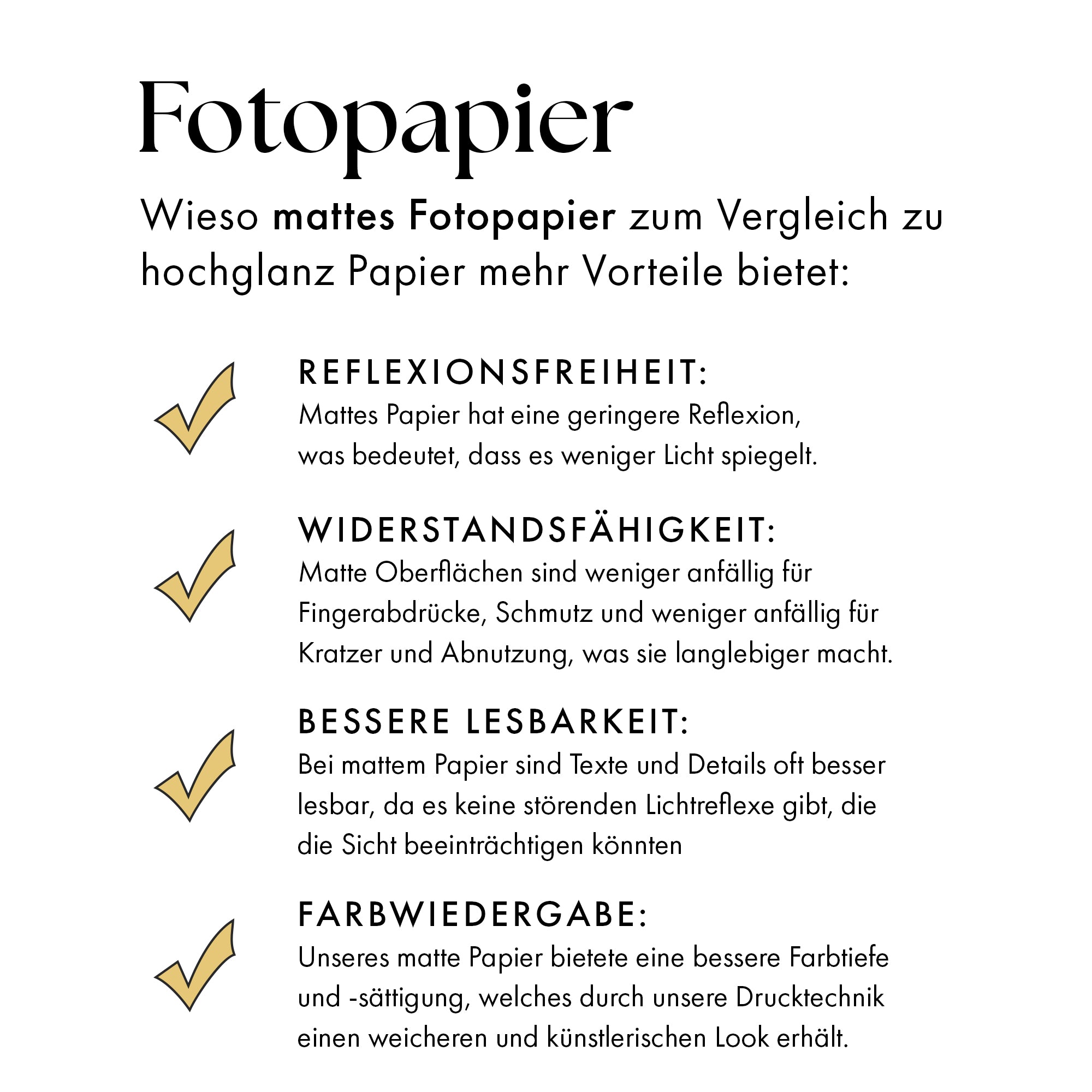Aufzählung wieso mattes Fotopapier bei Postern besser ist anstatt hochglanz Papier.