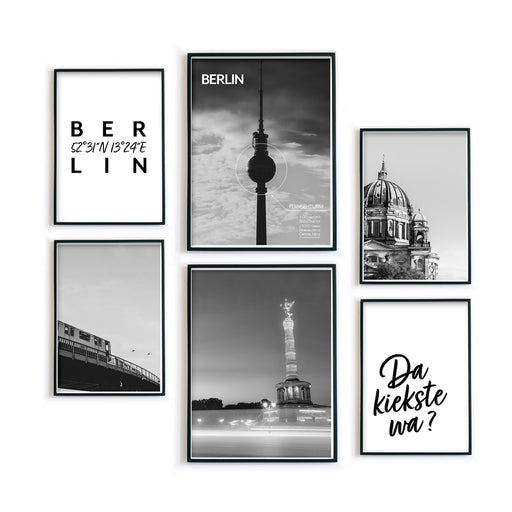 Berlin Poster Set mit schwarz weiß Fotografien und Berlin Sprüchen. Fertig gerahmt in schwarzen Bilderrahmen.