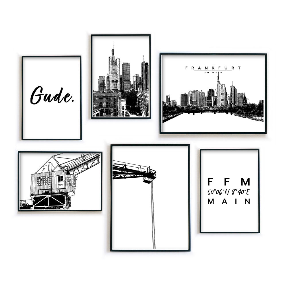 Frankfurt Poster Set mit 6 Bildern. 4 Illustrierte Bilder in schwarz weiß und 2 FFM Spruch Bilder. Bilder in schwarzen Bilderrahmen.
