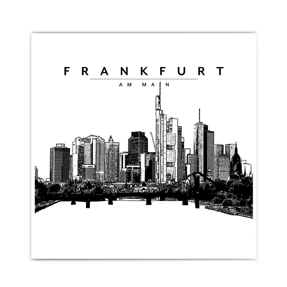 Schwarz Weiß Illustration der Frankfurter Skyline. Poster im quadratischen 30x30cm Format.
